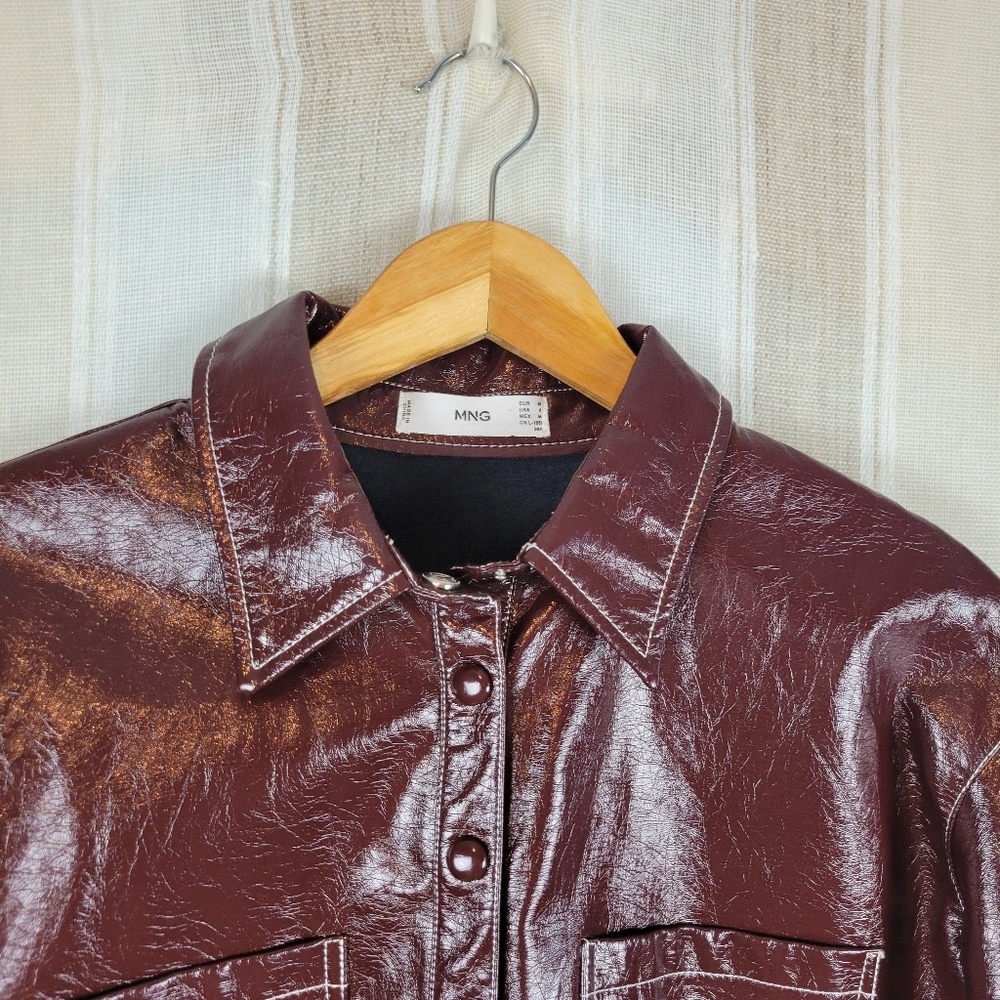 MNG Mango Faux Leather Shacket Button Down Shirt Maroon Size 6 - Picture 4 of 12